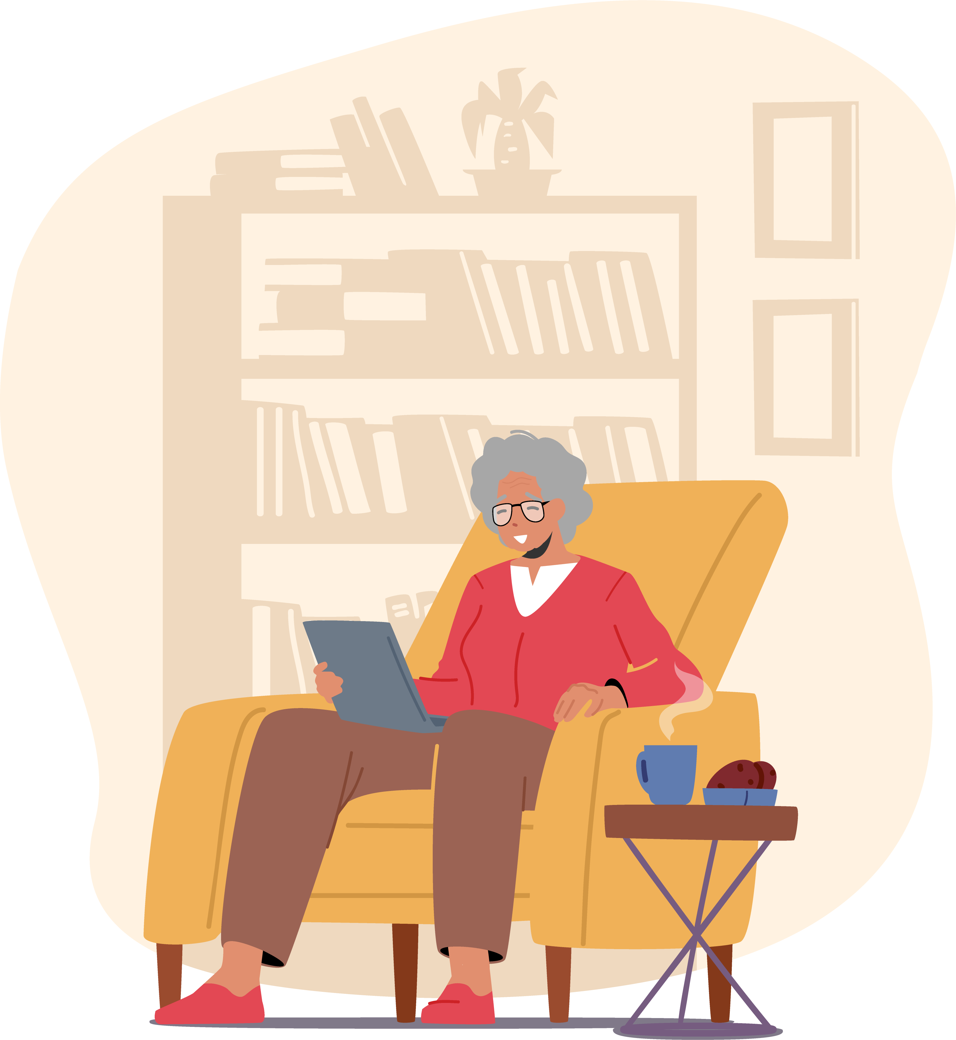 elder woman sitting on chair, reading and drinking coffee